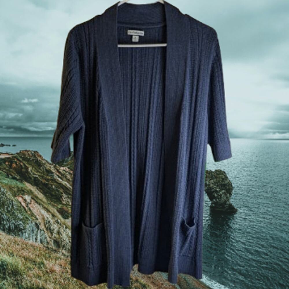 Croft & Barrow XL blue cable knit 1/2 sleeve cotton front pockets long sweater